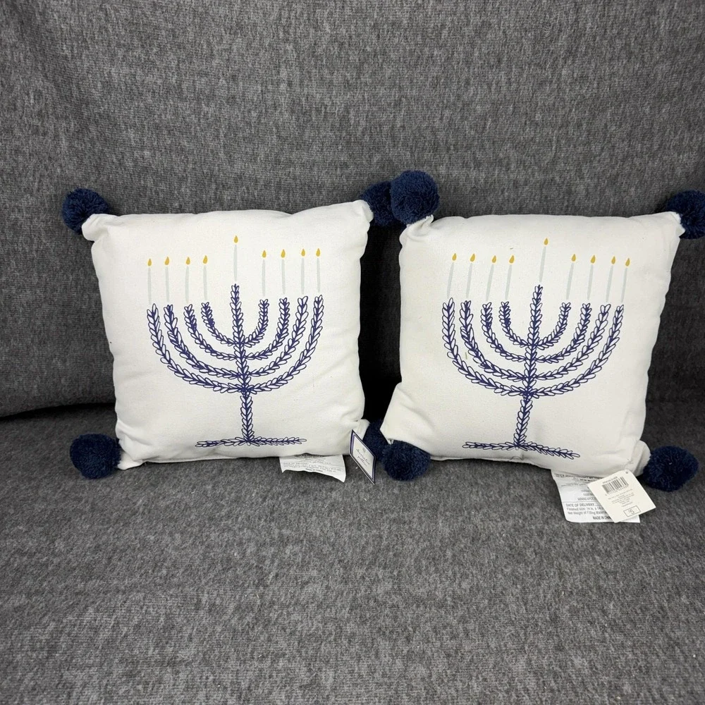 Target Decorative Pillow Menorah Hanukkah Blue 14x14 Cotton Embroidered